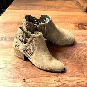 Vince Camuto Suede Laser Cut Taupe Suede Booties Strap Detail Size 7.5​​​​​​​